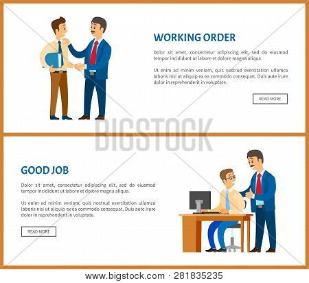 Working Order And Good Job Posters. Boss Giving Instructions To Employee, Conversation Between Colle