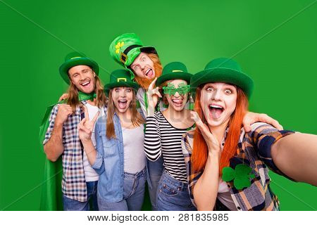 Self-portrait Of Nice Crazy Childish Attractive Cheerful Positive Stylish People Guys Ladies Wearing