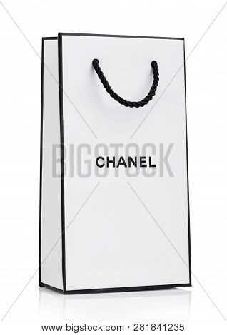 London, Uk - January 15, 2019: Paper Chanel Shopping Bag, White With Black Stripes And Letters On Wh