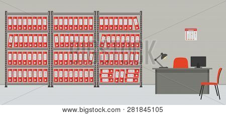 Archive. The Room For Storage Of Documents. The Workplace Of The Archivist. There Are Shelves With R