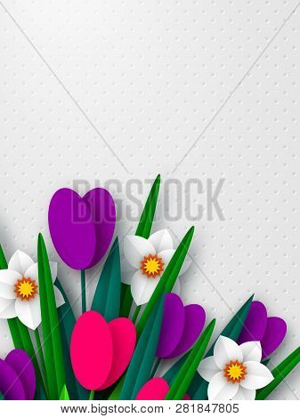 Spring Floral Composition. Empty Template For Greetings Or Seasonal Sales. Paper Cut Spring Flowers 