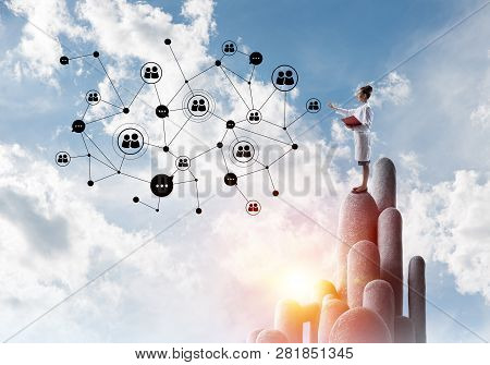 Young Female Doctor With Folder In Hands Satnding On Stone Column. 3d Rendering