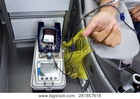 Russia, City Of Magnitogorsk, - August, 19, 2015.  Device For Collecting Donor Blood. Donating Blood