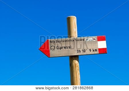 Siena, Italy - June 19, 2018. A Road Sign In The Crete Senesi (senese Clays) Reading: 
