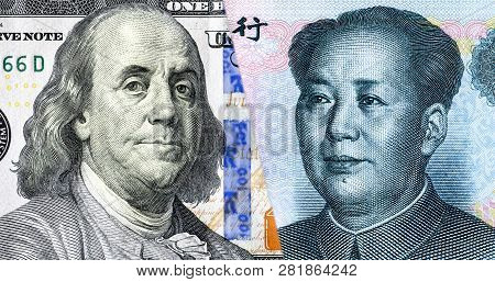 Portrait Of Benjamin Franklin Against Mao Zedong. Concept Of The Economic Struggle Of Us Vs China, D