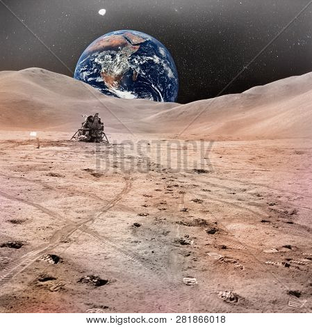 Lunar Module Photographed Against Lunarscape, Lunar Surface Extravehicular, With Human Footprints An