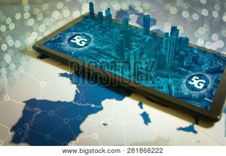 Smartphone With 3d City On Screen And 5g Word