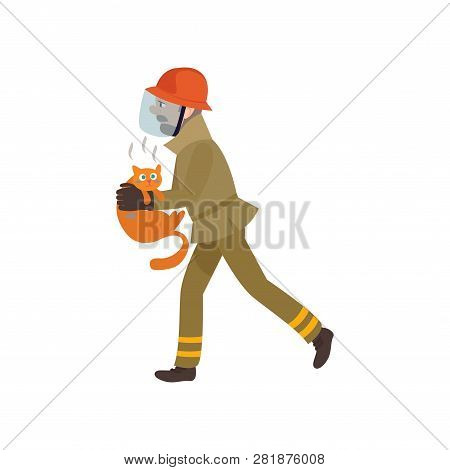 Firefighter Wearing Protective Uniform And Mask Rescuing Cat From Fire, Freman Character Doing His J