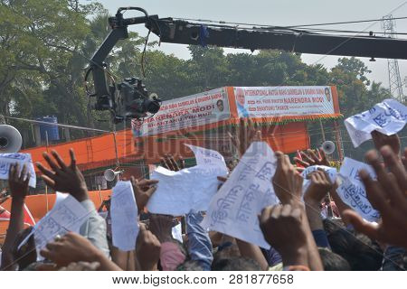 Thakurnagar, West Bengal, India, February, 02, 2019,  Camera Crane Taking The Shots Of People In Pri