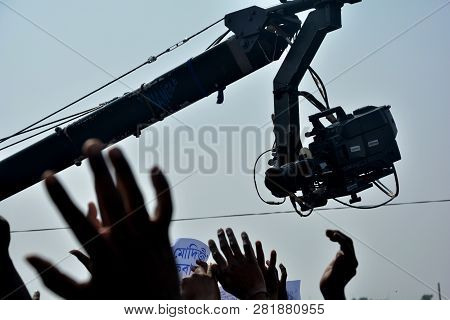 Thakurnagar, West Bengal, India, February, 02, 2019,  Camera Crane Taking The Shots Of People In Pri