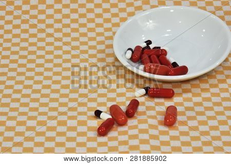 High Doses Of Medicine For Treatment. Pain Medication Tablets. Assorted Pharmaceutical Medicine Pill