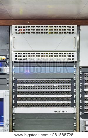 Patch Panel Of Communication Of Gigabit Fiber-optic Network Cables In The Television Studio And Fram