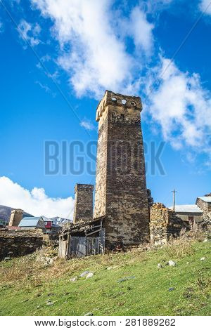 Picturesque Landscape Of Aged Georgian Rural Community Ushguli With Typical Svaneti Defensive Tower 