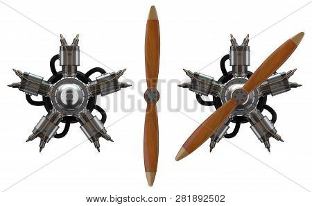 3d Render Of A Vintage Aircraft Star Engine With An Old Wooden Propeller. Front View. Isolated On Wh