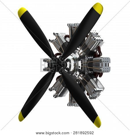 3d Render Of A High Power Aircraft Star Engine With Three Blade Black Propeller. Perspective View. I