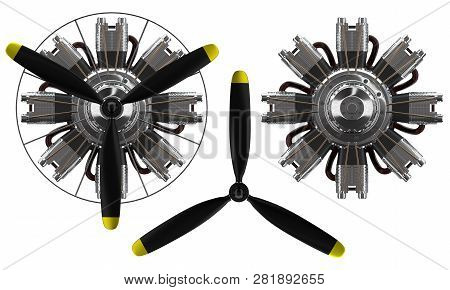 3d Render Of A High Power Aircraft Star Engine With Three Blade Black Propeller. Front View. Isolate