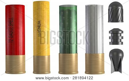 Set Of Different Types Of Shotgun Ammunition Including Slugs