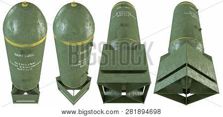 Set Of Old World War Era Aircraft Bombs Rendered In 3d Presented From A Different Angles. Asset For 