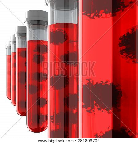 3d Render Of A Contaminated With Viruses Blood Samples In A Row Of A Test-tubes Isolated On White Ba