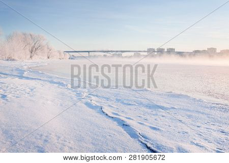 Winter Landscape In The Early Morning Overlooking The City Of Dubna And The Bridge Over The Volga. F