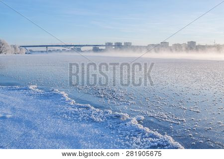 Winter Landscape In The Early Morning Overlooking The City Of Dubna And The Bridge Over The Volga. F