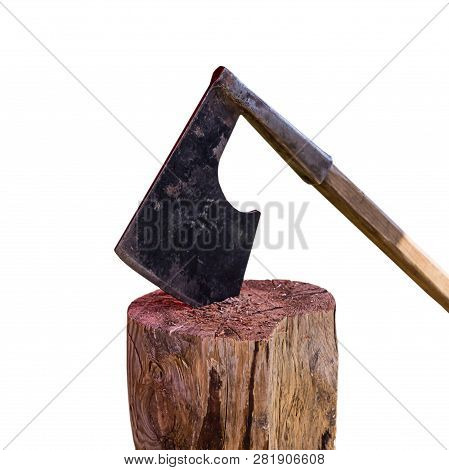 Medieval Ax Forged Long Handle In Old On A White Background Isolated Hand Tool Firewood Preparation