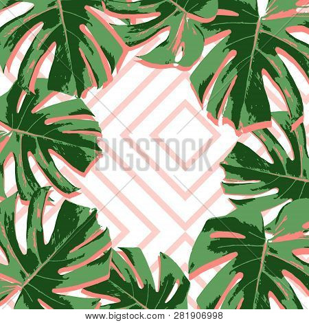 Tropical Summer Pink Fashoin Background With Leaves Palm