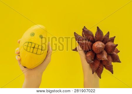 Tropical Fruits Mango And Salak. Smooth Mango Scared Spiny Salak. Tropical Fruit Allergy, Fear Of Un