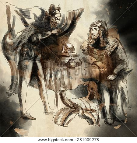 Faust And Devil. An Hand Drawn Illustration, Freehand Sketching. Line Art Technique, Colored Spots, 