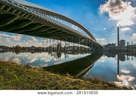 Prague, Czech Republic / Europe - January 31 2019: Road Bridge Running Across Moldau River At Troja,