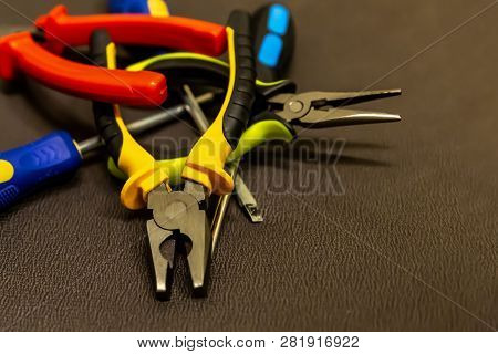 Assortment Of Hand Tools Repair Of Electrical Appliances Tools Set Of Screwdrivers Nippers Metallic 