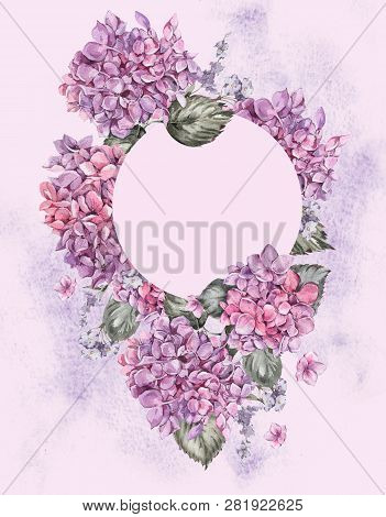 Summer Watercolor Vintage Floral Round Frame With Blooming Hydra