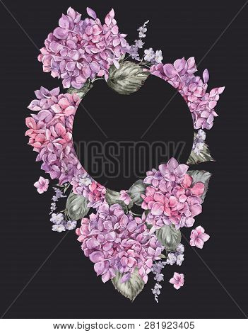 Summer Watercolor Vintage Floral Round Frame With Blooming Hydra