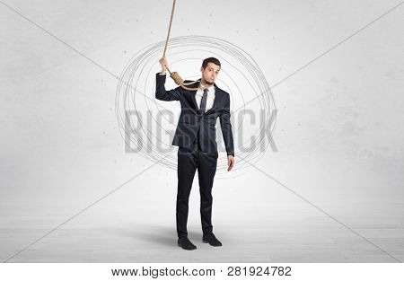 Burnout young elegant businessman trying to suicide with doodle concept