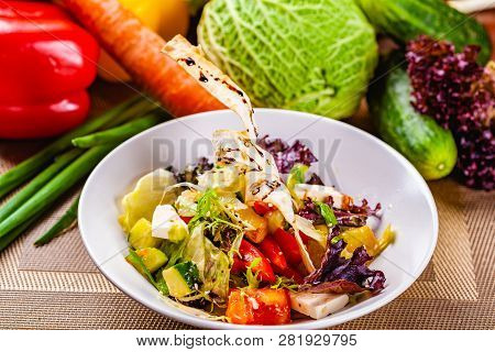 Fattoush Salad With Different Vegetables On White Plate
