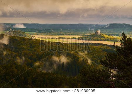 Misty Rainy Morning Landscape With The Sand Rocky Montains In Bohemian Saxon Switzerland In Autumn C