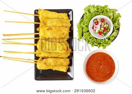 Isolated Of Charcoal Boiled ,pork Satay Served With Side Disk.