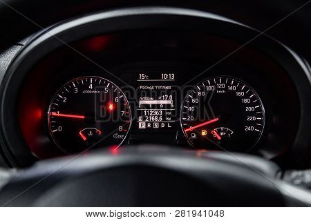 Novosibirsk, Russia -february 01, 2019:  Nissan Xtrail, Close-up Of The Dashboard, Speedometer And T