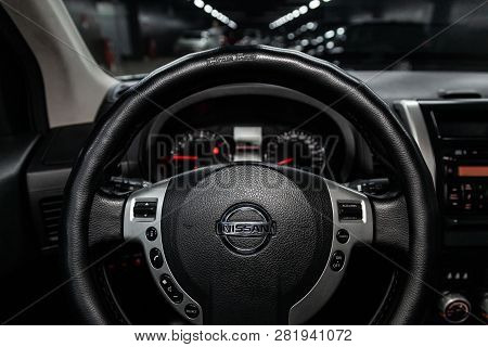 Novosibirsk, Russia -february 01, 2019:  Nissan Xtrail, Close-up Of The Dashboard, Speedometer And T