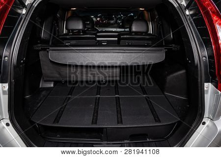 Novosibirsk, Russia -february 01, 2019:  Nissan Xtrail, Close-up Of The Luggage Boot, Front View. Ph