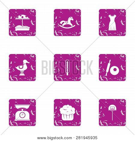 Baby Food Icons Set. Grunge Set Of 9 Baby Food Icons For Web Isolated On White Background