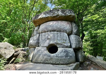 Mysterious Dolmen In The Valley Of The River Zhane In The Mountains Of Gelendzhik. Dolmen In The Mou