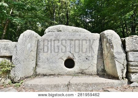 Mysterious Dolmen In The Valley Of The River Zhane In The Mountains Of Gelendzhik. Dolmen In The Mou