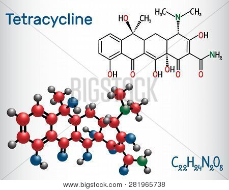 Tetracycline Antibiotic Drug Molecule. Structural Chemical Formula And Molecule Model. Vector Illust