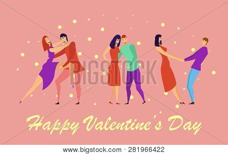 Greeting Card With Lovers. Young Men And Women Characters