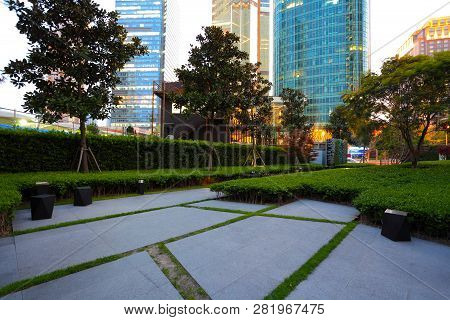 Empty Marble Road Floor Surface With Modern City Buildings Of Night Scene In Shanghai