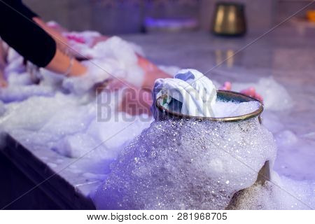 Young Woman In Red Bikini Relaxing In Hammam Or Turkish Bath.