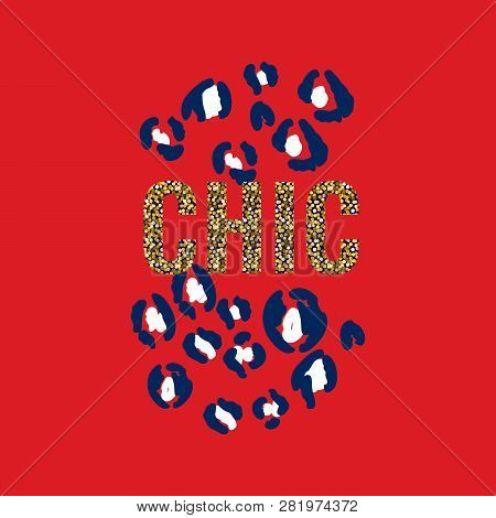 Chic Glittered T-shirt And Animal Fashion Print On Red Background. Leopard Spots For Tshirt And Appa