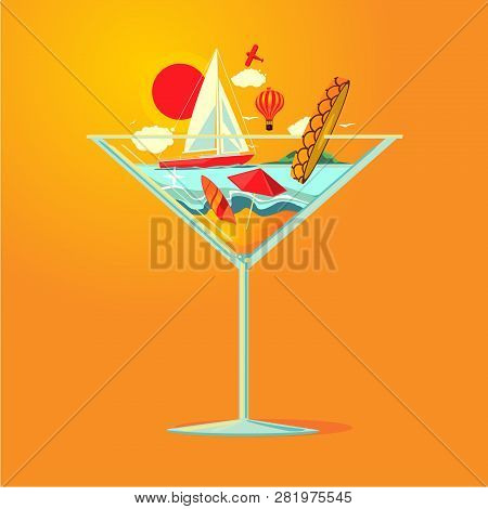 Cold Cocktail And Beach Resort Landscape. Double Exposure Illustration. Summer Party, Lounge Bar Con