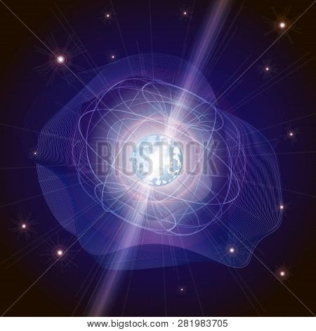 Pulsar Star . Magnetar. Neutron Star With Radiation Ray Waves. Magnetar With Magnetic Field. Blitzar